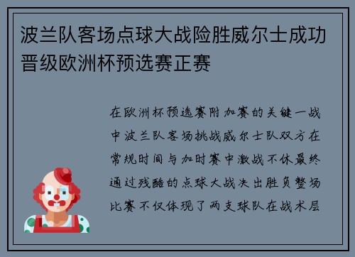 波兰队客场点球大战险胜威尔士成功晋级欧洲杯预选赛正赛 波兰队客场点球大战险胜威尔士成功晋级欧洲杯预选赛正赛